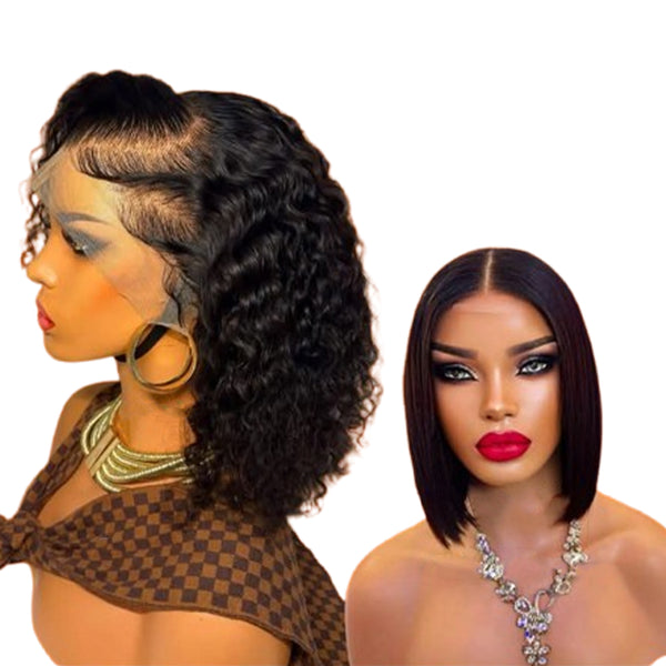 14" Curly Full Frontal Wig PLUS 12" Double Drawn Cropped Bob Wig, premium human hair combo set from Smart Hair Global South Africa
