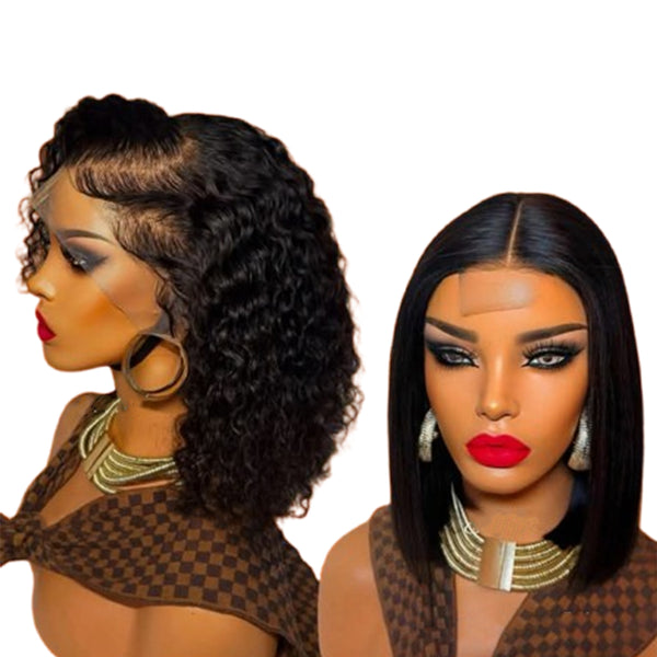 14" Double Drawn Malaysian Curly Full Frontal Wig PLUS 12" Peruvian Double Drawn Cropped Bob Wig